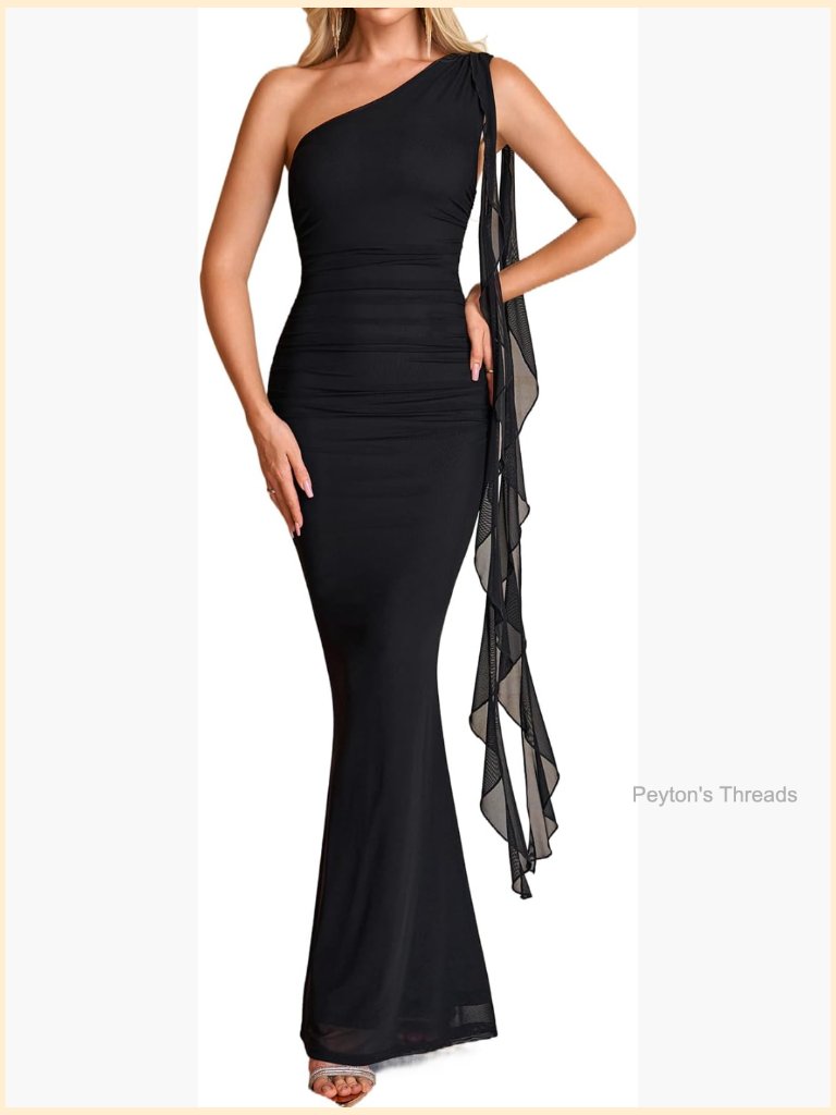 Women's One Shoulder Ruffle Bodycon Maxi Dress For Wedding Guest Cocktail Party
